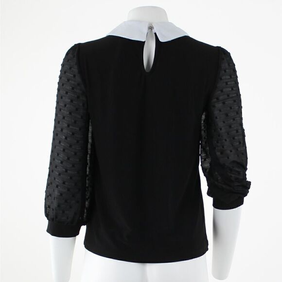CeCe Collared Clip Dot Sleeve Top in Rich Black - Picture 3 of 6